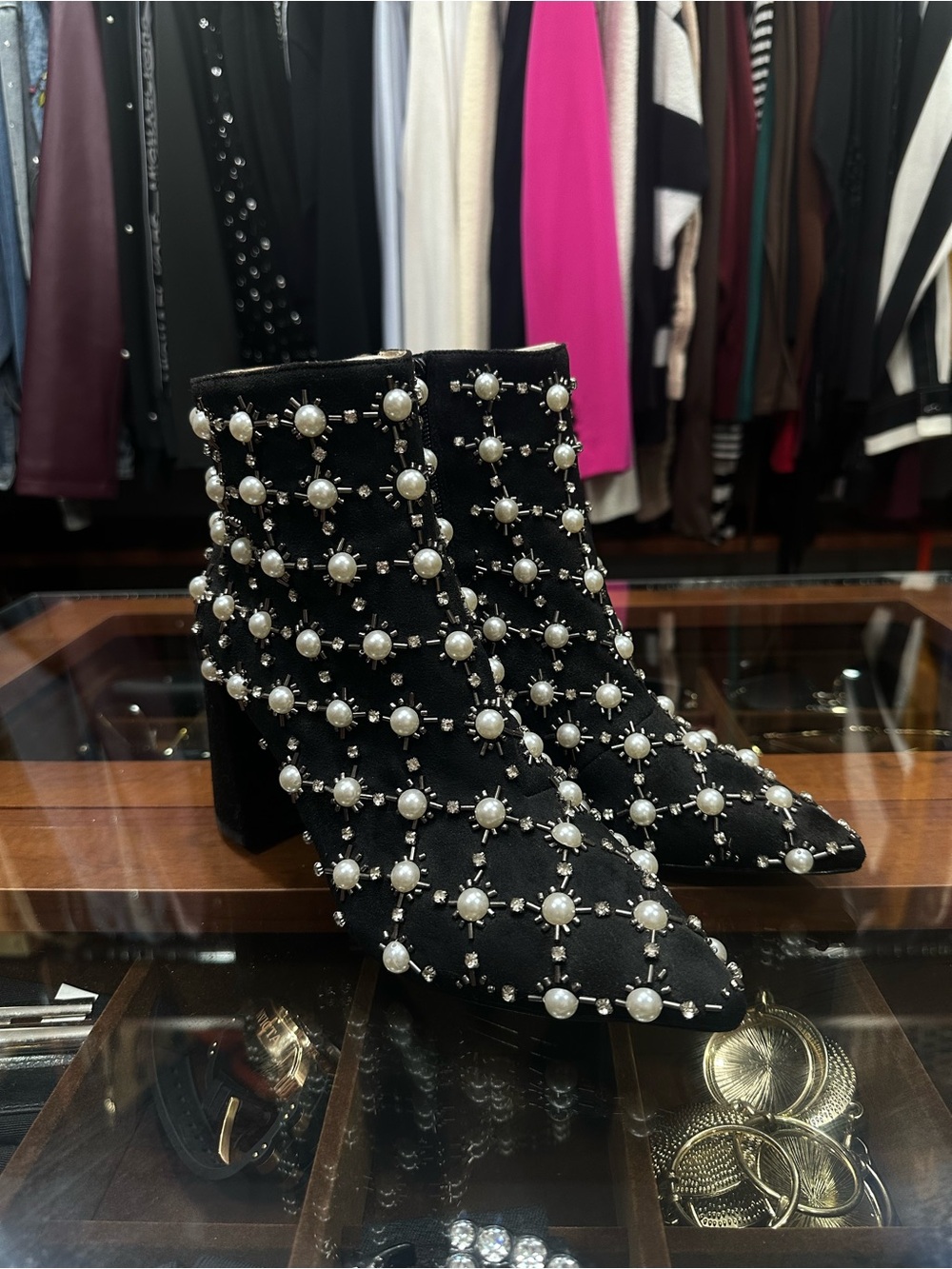Betsey Johnson Black Pearl-Embellished Ankle Booties